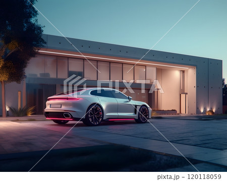 Modern white car parked in front of elegant contemporary building at dusk Modern white car parked in front of elegant contemporary building at dusk 120118059