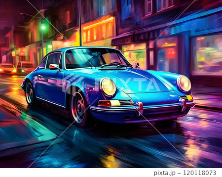 Vintage blue car at night: urban retro style Vintage blue car at night: urban retro style 120118073