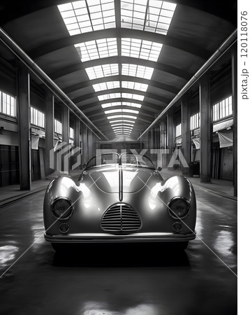 Vintage car in industrial factory setting black and white detail design for posters 120118076