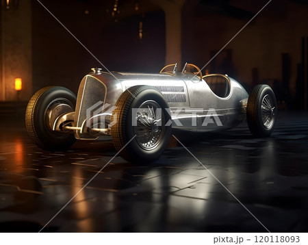 Vintage silver race car on reflective black...のイラスト素材 [120118093] - PIXTA