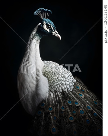 Elegant white peacock against black background for realistic photography Elegant white peacock against black background for realistic photography 120118149