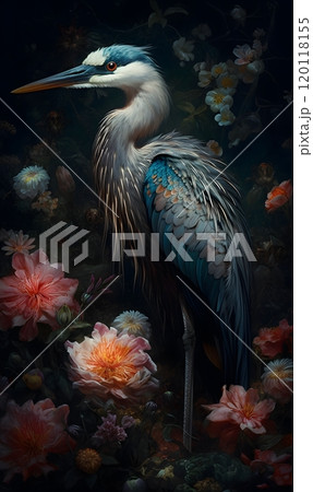 Exquisite bird among vibrant blooms: nature's harmony in detailed art 120118155