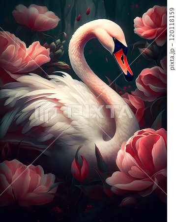 Graceful swan amidst blooming flowers - perfect for art prints and posters 120118159