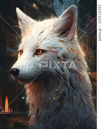 Intricate hyperdetailed white fox portrait in dimly lit urban setting 120118161