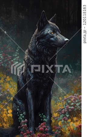 Majestic black wolf in forest meadow at twilight Majestic black wolf in forest meadow at twilight 120118163