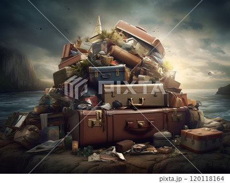 Adventure awaits: diverse luggage stack by the ocean for travel inspiration Adventure awaits: diverse luggage stack by the ocean for travel inspiration 120118164