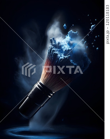 Dynamic close-up of makeup brush with exploding powder - ideal for beauty marketing and design Dynamic close-up of makeup brush with exploding powder - ideal for beauty marketing and design 120118183
