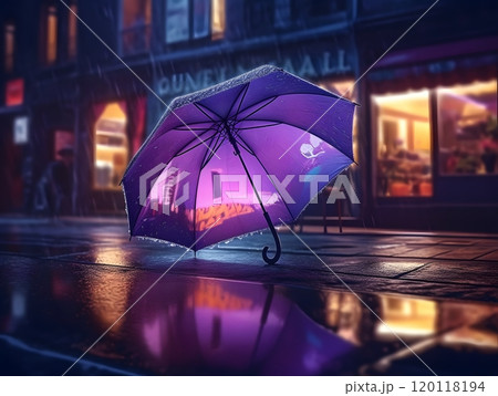 Purple umbrella in rainy city street with reflections at night 120118194