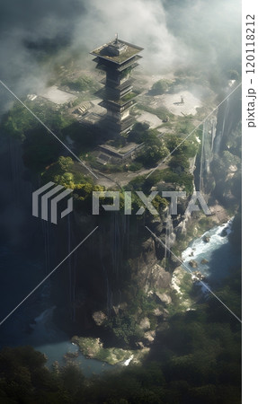 Mysterious floating island with majestic waterfalls and ancient architecture Mysterious floating island with majestic waterfalls and ancient architecture 120118212