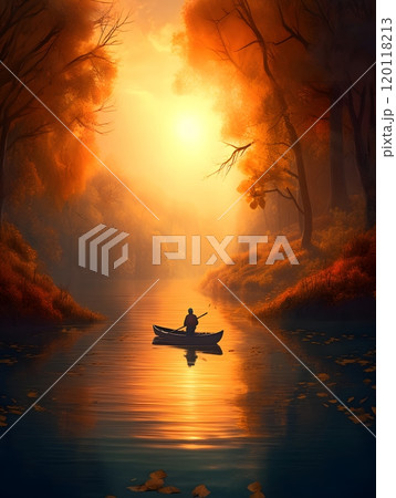 Serene autumn boat ride at sunset on tranquil river Serene autumn boat ride at sunset on tranquil river 120118213