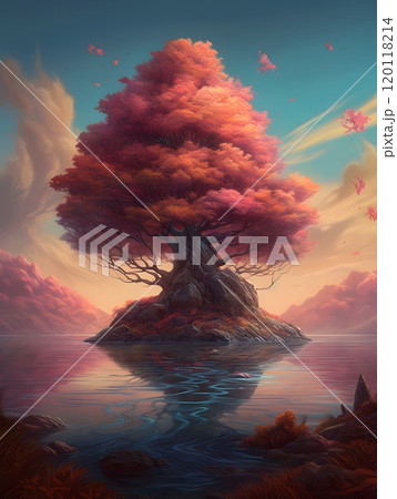 Serene tree on island amidst tranquil waters with vibrant autumn foliage Serene tree on island amidst tranquil waters with vibrant autumn foliage 120118214