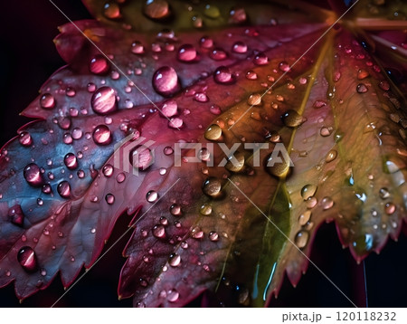 Vivid nature: close-up of water droplets on colorful leaf Vivid nature: close-up of water droplets on colorful leaf 120118232