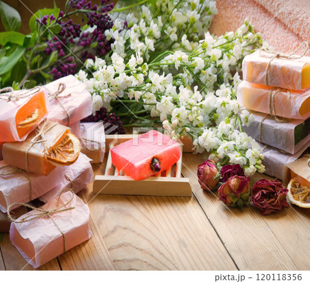 Homemade soap on the table 120118356