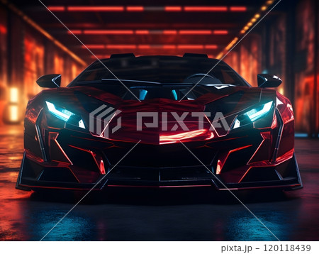 Futuristic red and black sports car concept in dramatic lighting for design inspiration Futuristic red and black sports car concept in dramatic lighting for design inspiration 120118439