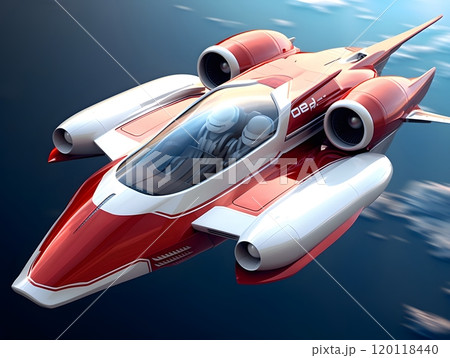Futuristic red and white jet in flight - sci-fi concept for print or digital media 120118440