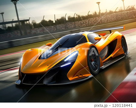 High-speed orange sports car racing on track for motorsport enthusiasts 120118441