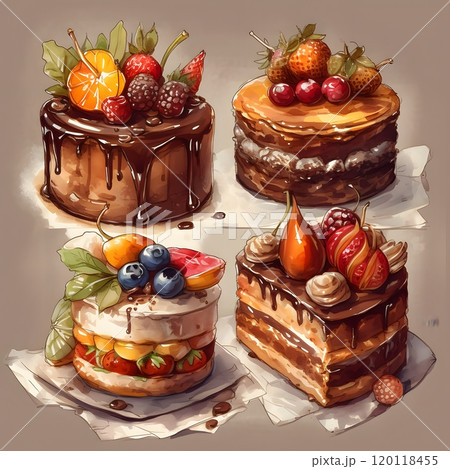 Delectable assortment of cakes with diverse toppings for gourmet enthusiasts Delectable assortment of cakes with diverse toppings for gourmet enthusiasts 120118455