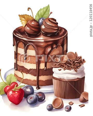 Delectable watercolor art of chocolate cake and cupcakes for desserts design Delectable watercolor art of chocolate cake and cupcakes for desserts design 120118456