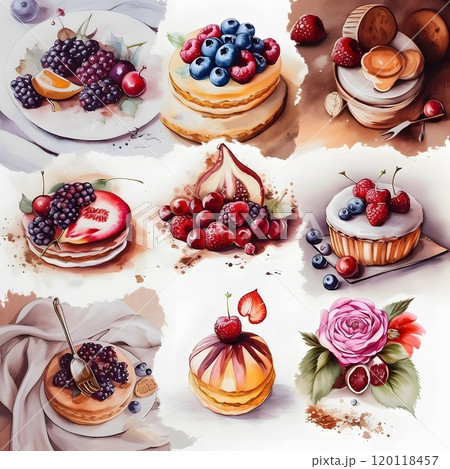Delicious dessert assortment in watercolor: artistic food illustration for decor and design 120118457