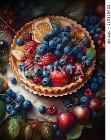 Vibrant berry tart with blueberries and raspberries - perfect for culinary art posters Vibrant berry tart with blueberries and raspberries - perfect for culinary art posters 120118482