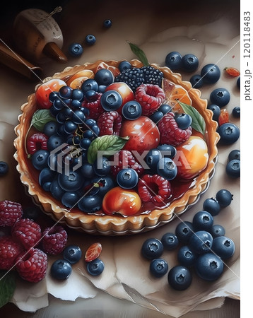 Vibrant berry tart with fresh blueberries, raspberries, and grapes 120118483