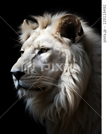 Majestic white lion portrait on black background for wildlife art and photography Majestic white lion portrait on black background for wildlife art and photography 120118492