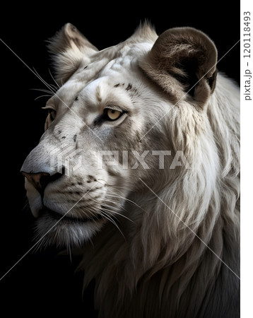 Majestic white lion portrait on black background realistic wildlife photography for posters 120118493