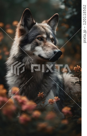 Majestic wolf resting in a vibrant flower field - wildlife and nature photography 120118502