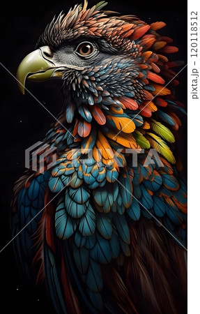 Vibrant feathered bird portrait with colorful plumage art illustration 120118512