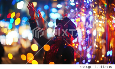 Festive woman celebrates with night lights 120118540