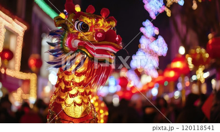Festive night with colorful dragon decor 120118541