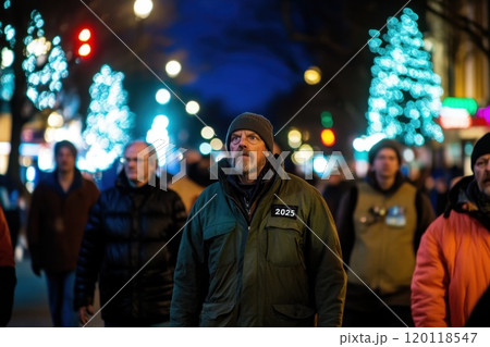 People stroll under festive winter lights 120118547