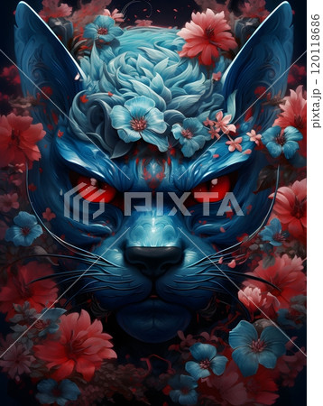 Blue demon cat with red eyes surrounded by vibrant flowers - vector art for design 120118686