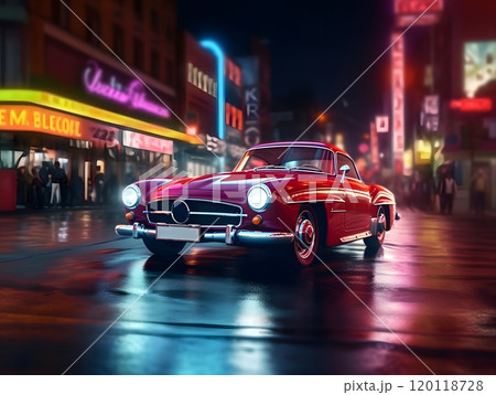 Vintage car driving through neon-lit city streets at night - 3d render for poster design 120118728