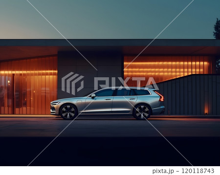Modern architecture and silver volvo wagon at dusk for urban design and lifestyle concepts 120118743
