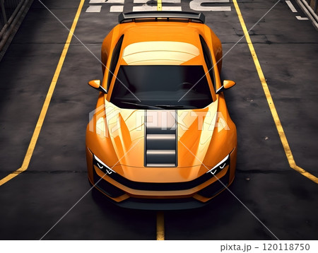 Sleek orange sports car in urban parking lot - modern automotive design 120118750