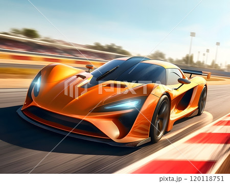 Sleek orange sports car racing on track - dynamic automotive design 120118751