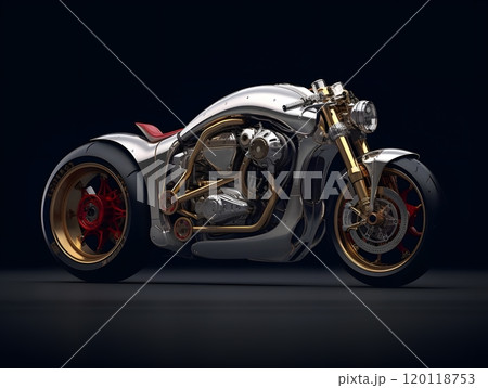 Sleek silver and red motorcycle on black background - perfect for automotive design and posters 120118753