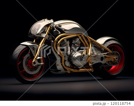 Sleek silver and red motorcycle with gold accents on a black background 120118754