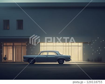 Sleek silver car at modern building - conceptual evening scene for urban design 120118755