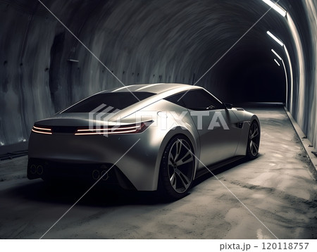 Sleek silver sports car in tunnel - automotive promotion design 120118757