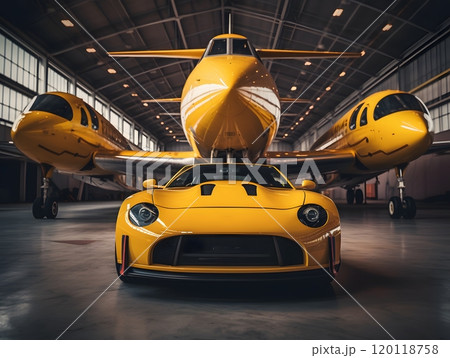 Sleek yellow sports car and airplane in hangar for luxury transportation concept 120118758