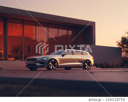 Stylish silver volvo wagon in front of modern architecture at sunset 120118759