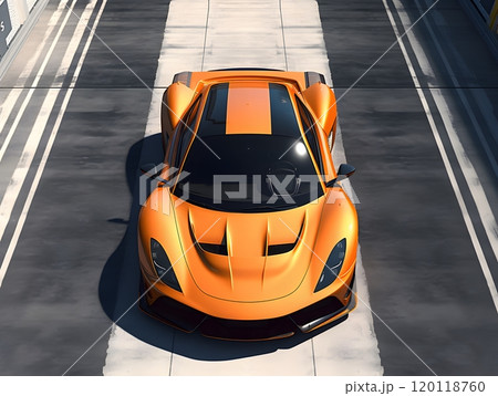 Vibrant orange sports car in urban parking lot - automotive design concept 120118760