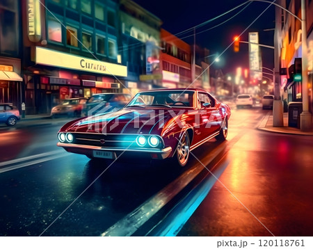 Vintage car cruising through neon-lit city streets at night - 3d render design for posters and prints 120118761