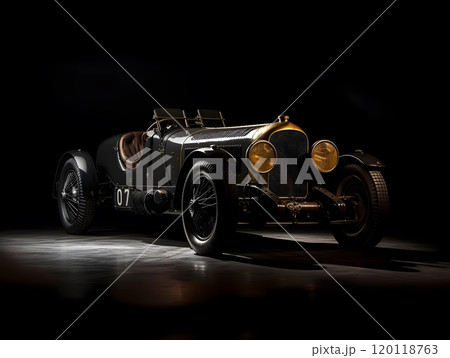 Vintage car in dark room - classic automotive portrait for design 120118763