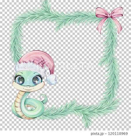 Green snake in red Santa hat with tree branch and pink bow. Watercolor frame in cartoon style, isolated. Arrangements for labels. Cute illustration, chinese symbol of new year 2025. Clip art of Green snake in red Santa hat with tree branch and pink bow. Watercolor frame in cartoon style, isolated. Arrangements for labels. Cute illustration, chinese symbol of new year 2025. Clip art of 120118969