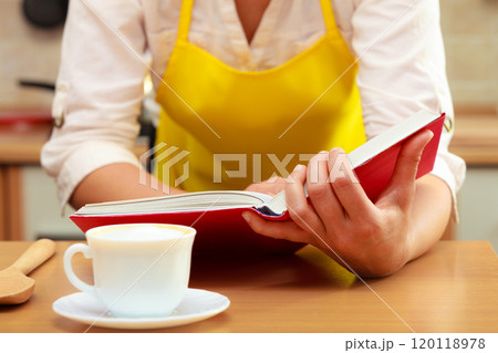 Housewife woman reading cookbook in kitchen. Housewife woman reading cookbook in kitchen. 120118978