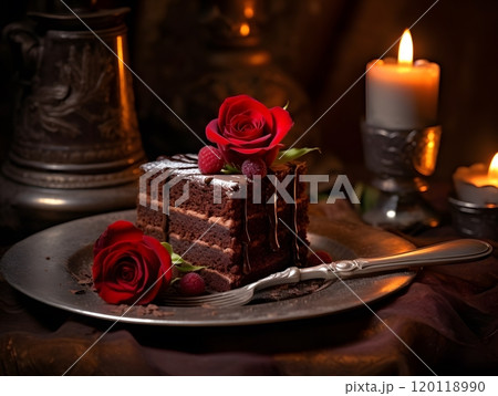 Decadent chocolate cake with roses and raspberries - elegant dining still life 120118990