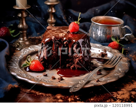Decadent chocolate cake with strawberries - elegant dessert still life 120118991
